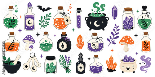 Foto Witchcraft and magic potion set, vector illustration of mystical elements, bottl