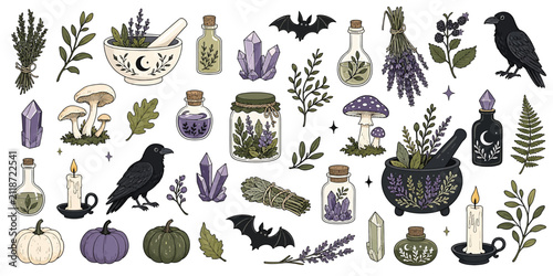 Принти на полотні Witchcraft and magic collection with crystals, potions, herbs, mushrooms, ravens