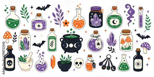 Obraz na plátne Set of magic potions, witch cauldron, crystals, mushrooms, and occult elements h