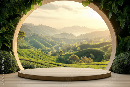 Luxury Wooden Podium with Panoramic Tea Plantation Landscape and Golden Sunrise for Premium Organic Product Display