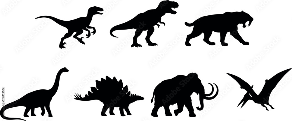 Obraz premium Set of prehistoric animal black silhouettes featuring raptor tyrannosaurus rex saber-toothed tiger brachiosaurus stegosaurus mammoth pterodactyl isolated on white background