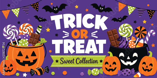 Quadro su tela Halloween trick or treat background with pumpkins, candy, lollipops, chocolate b