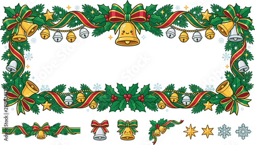 Christmas frame with cute bells, holly leaves, ribbons, and snowflakes