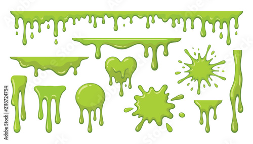 Obraz na płótnie Green dripping slime borders splashes and blobs set toxic radioactive liquid dro