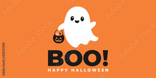 Obraz na plátně Cute ghost holding a jackolantern pumpkin bucket full of candies, halloween gree