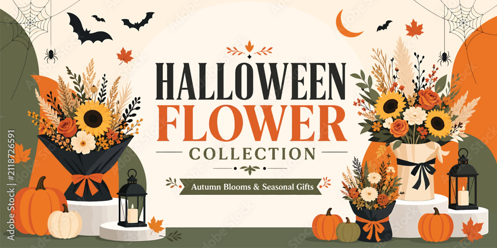 Fototapeta premium Halloween flower collection banner with autumn floral bouquets, pumpkins, lanterns, bats, and spider webs on a festive seasonal background
