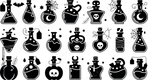 Fotografie Spooky Magic Potion Bottles Vector Silhouettes Set with Halloween Wizardry Icons