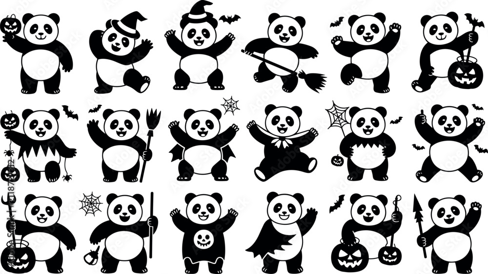 Fototapeta premium Cute Halloween Pandas Vector Silhouettes Set with Spooky Costume Characters and Festive Elements
