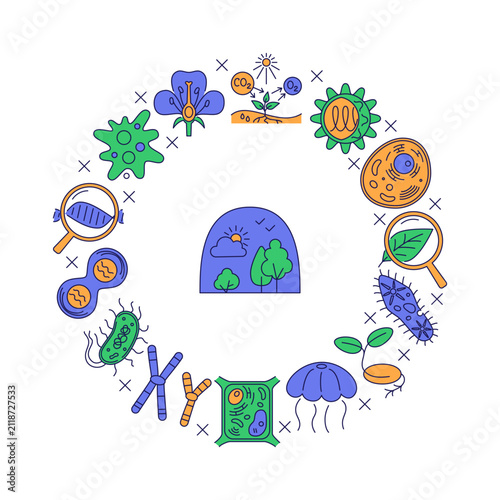Biology round frame line poster. Zoology and ecology concept. Vector illustration
