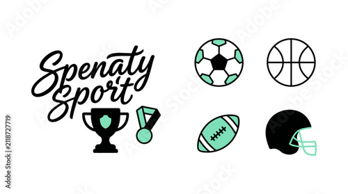 Bild auf Leinwand Spenaty sport hand drawn lettering with sport equipment, black and aquamarine colors