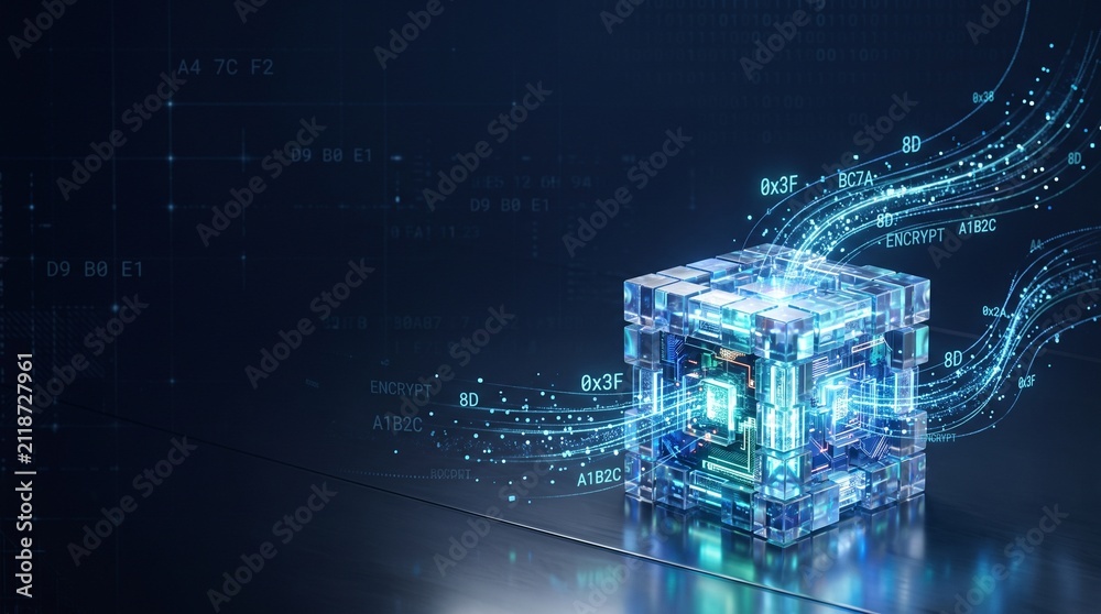 Naklejka premium Abstract Quantum Computing Processor with Encrypted Data Flow and Cyber Security Technology