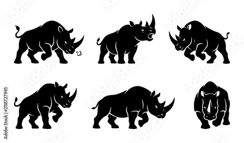 Photography Rhino Silhouette Collection, African Wildlife Vector Icons, Powerful Mammal Grap