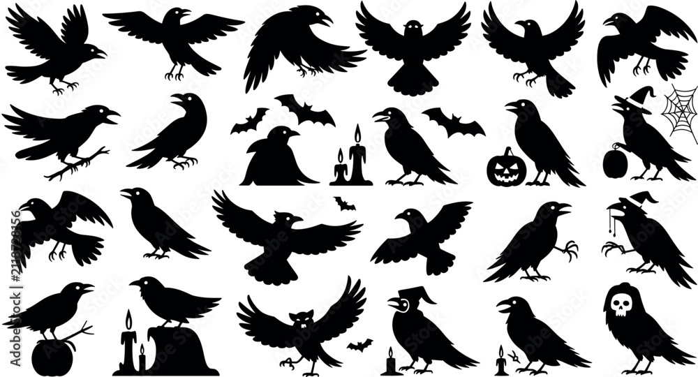 Fototapeta premium Set of Black Halloween Crow and Raven Silhouettes Vector Illustration