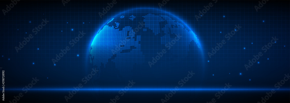 Fototapeta premium Vector illustration of abstract blue futuristic wide background with neon blue tech globe on grid space.Futuristic design concepts.