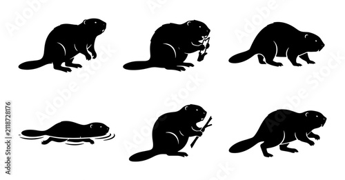 Bild auf Leinwand Beaver Silhouette Collection: Six Diverse Poses of Rodent Wildlife, Vector Icons