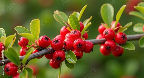 Bright red berries growing on a green shrub in nature