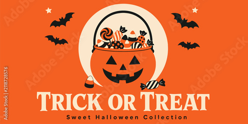 Canvas Print Halloween trick or treat pumpkin bucket full of candies, bats and stars on orang