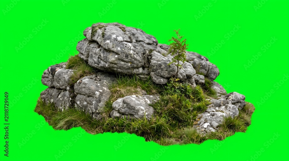 Fototapeta premium Rugged stone cluster with young green sapling growing on mossy rocks, vibrant backdrop