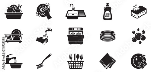 Dishwashing icon set. Kitchen cleaning symbol. Washing dishes logo. Clean plates sign. Vector Illustration. Vector Graphic.