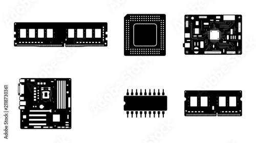 Set of six black computer hardware icons, including RAM modules, CPUs, and circuit boards, vector graphics for technology and digital concepts