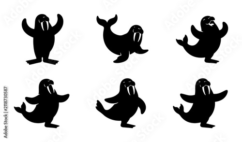 Foto Six Black Silhouette Walrus Poses, Arctic Marine Mammal Vector Icons, Playful Oc