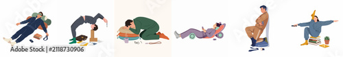 Illustration collection showing diverse people experiencing burnout, stress, and extreme fatigue in various uncomfortable and unusual resting or working positions.