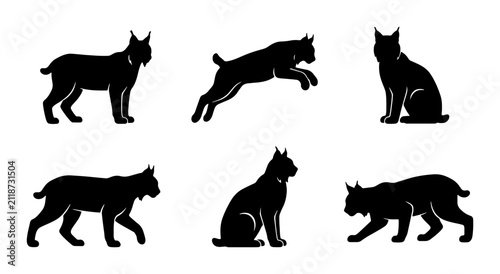 Photography Six Silhouette Lynx Vector Icons, Wild Cat Poses Collection, Feline Animal Graph