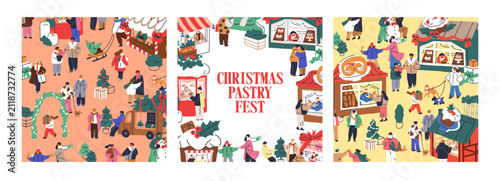 Christmas seamless patterns and card designs set. Backgrounds with tiny peopl...