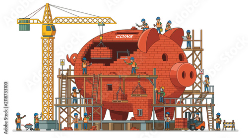 Piggy Bank Construction Site with Workers and Crane