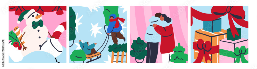 Obraz premium Christmas card designs set. Xmas and New Year, greeting square postcards. Seasonal winter holiday backgrounds with snowman, kids sledding, couple hugging, gift boxes. Flat vector illustrations