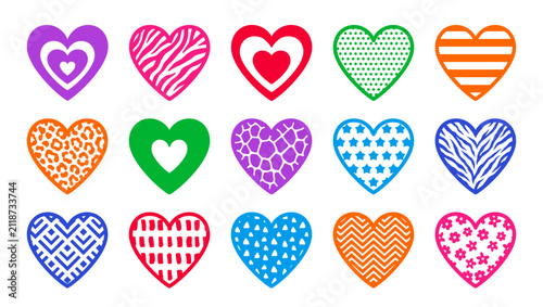Colorful Heart Icon Set with Animal Prints and Modern Patterns