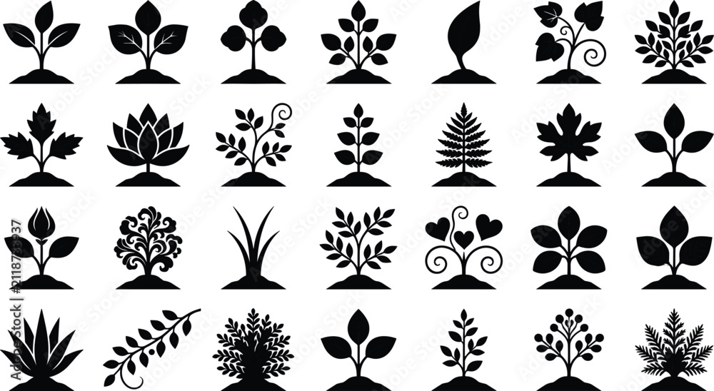 Fototapeta premium Plant and Floral Silhouette Icon Set with Garden Botanical Elements Collection
