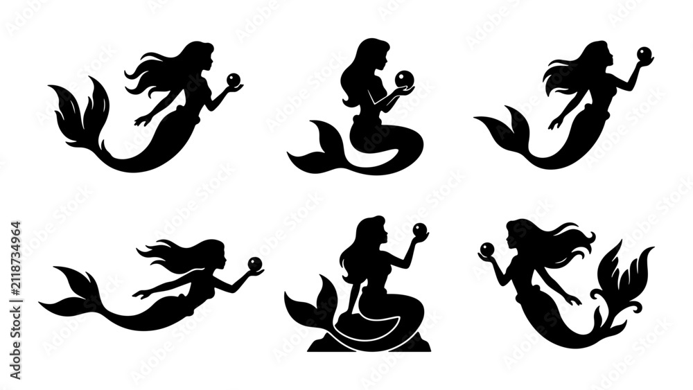Obraz premium Mermaid Silhouettes Vector Set, Mythical Sea Creatures, Fantasy Ocean Icons, Nautical Design Elements, Black and White Graphics