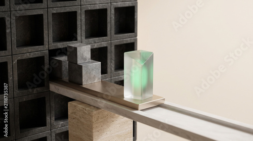 Minimalist 3D cloud cost optimization concept showing balanced travertine resource blocks for FinOps SaaS hero banner