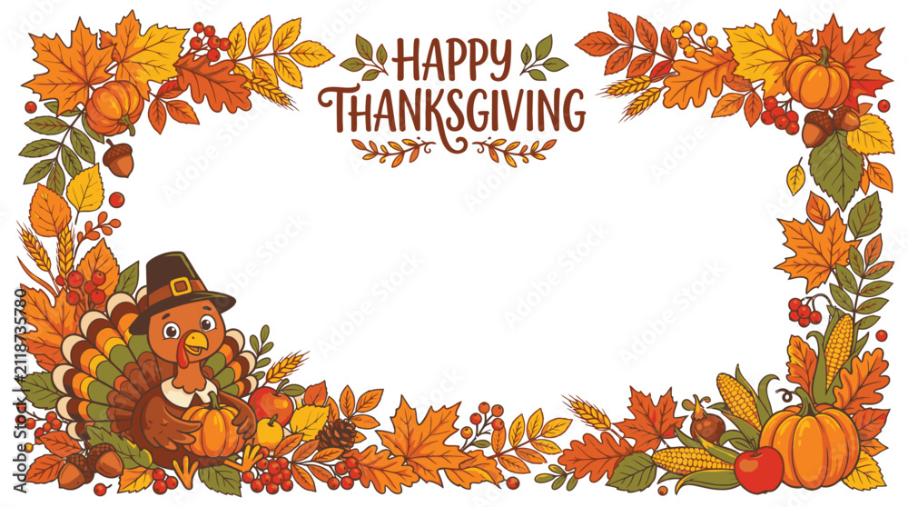 Fototapeta premium Happy Thanksgiving Turkey Decoration Border Frame.