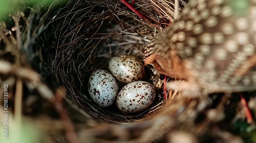 Mother Bird Protecting Three Eggs in Nest During Natural Incubation