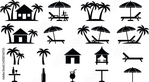 Fotografie Tropical Beach Resort and Summer Vacation Black Silhouette Icon Set Featuring Pa
