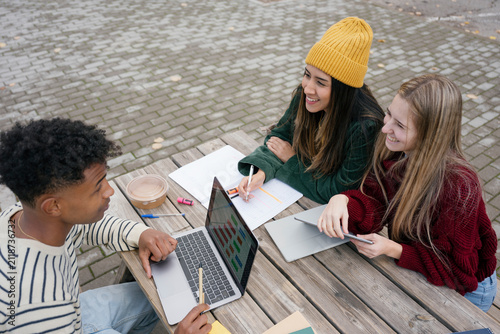 Diverse students collaborating on project outdoors using technology