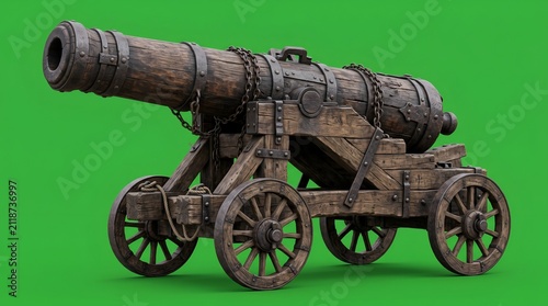 Vintage medieval siege cannon on wooden carriage isolated on green background