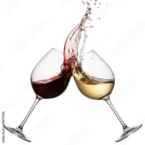 Two elegant crystal wine glasses with red and white wine clinking in a massive splash, frozen mid-air on a transparent studio background. Concept for luxurious beverage advertising