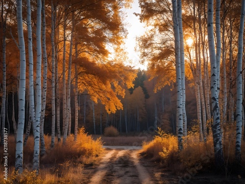 Autumn forest pathway bathed in golden sunlight, warm color palette