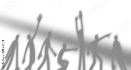 Group of people silhouettes with arms raised and interacting in a conceptual business teamwork scene