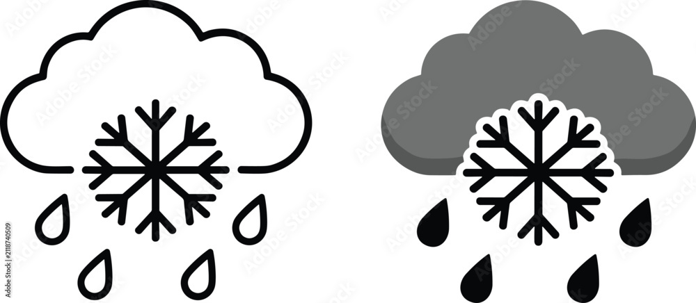 Fototapeta premium Winter Sleet Storm Cloud with Snowflake and Raindrops Line and Flat Icon Set for Weather Forecast Media Applications