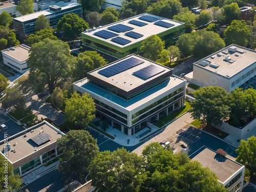 Aerial view of modern office buildings with solar panels and green landscaping