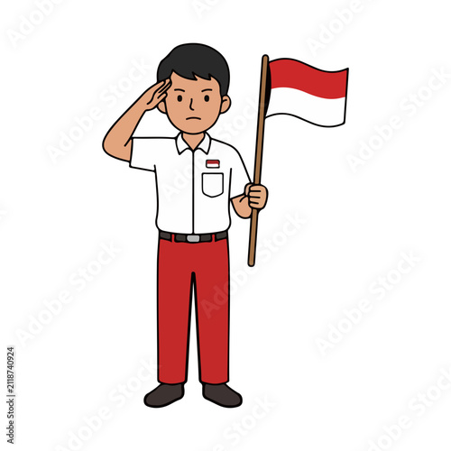 Canvas Print Indonesian Elementary School Student Saluting and Holding the Flag