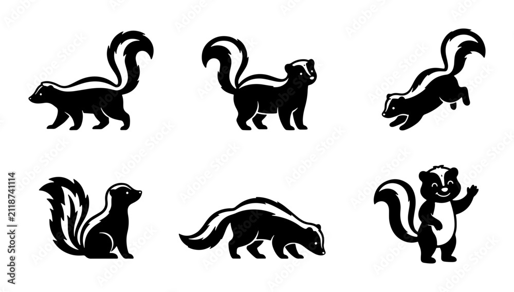 Obraz premium Vector Skunk Icons Set, Black and White Animal Silhouettes Collection, Cute Mammal Illustrations for Wildlife and Nature Projects