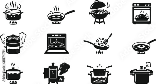 Set of hand drawn cooking icons featuring various pots pans ovens and kitchen appliances for culinary design