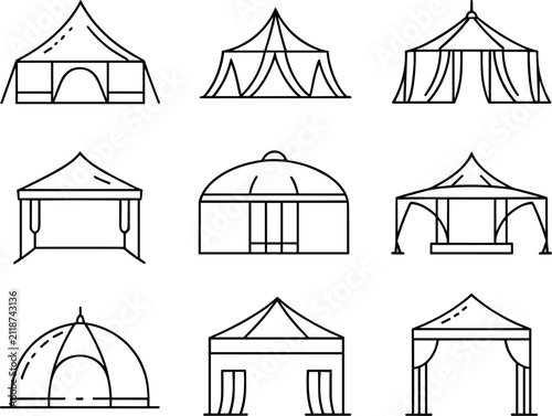 Camping and event tent line icon set, outline marquee pavilion and circus collection on white background