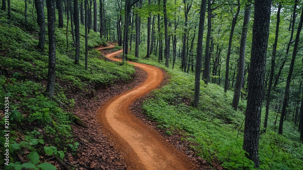 Fototapeta premium Serpentine forest path winds through lush green woodland, bathed in soft light, creating a tranquil outdoor scene for recreation and exploration.