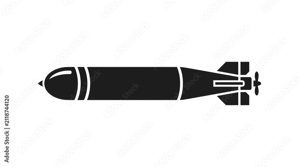 Obraz premium Torpedo Silhouette Icon, Naval Weapon, Military Technology, Underwater Warfare
